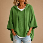 Knitted Poncho Drawstring Hood Three-Quarter Sleeves Relaxed Fit
