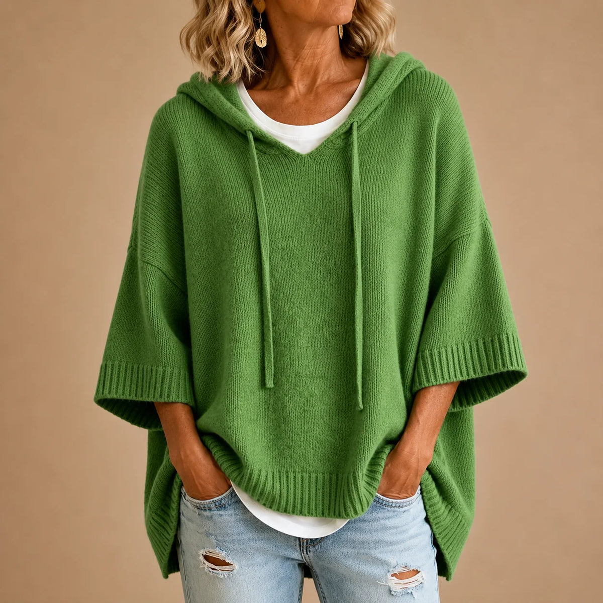 Knitted Poncho Drawstring Hood Three-Quarter Sleeves Relaxed Fit