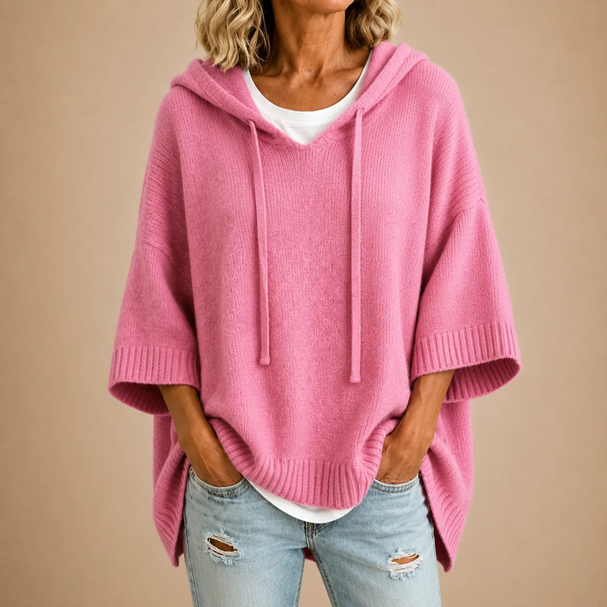 Knitted Poncho Drawstring Hood Three-Quarter Sleeves Relaxed Fit