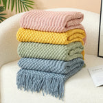 Knitted Throw Blanket Acrylic Nordic Fringe Year-Round Use