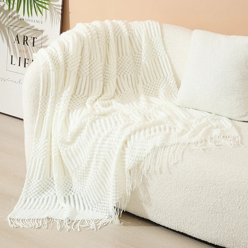 Knitted Throw Blanket Acrylic Nordic Fringe Year-Round Use