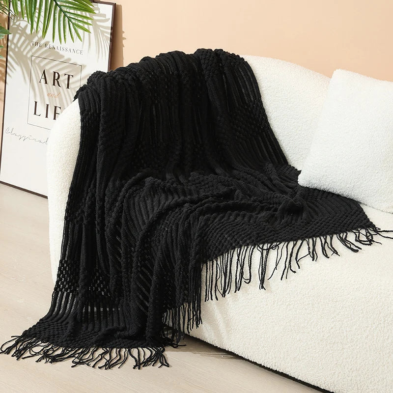 Knitted Throw Blanket Acrylic Nordic Fringe Year-Round Use