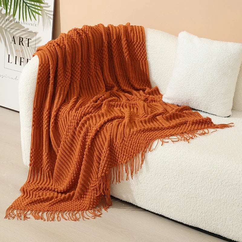 Knitted Throw Blanket Acrylic Nordic Fringe Year-Round Use
