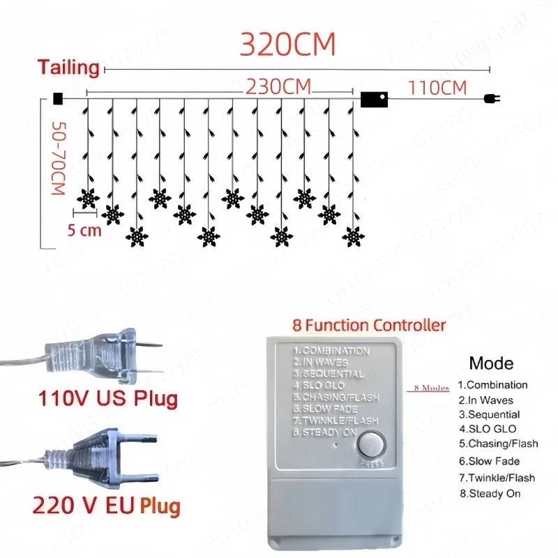 LED Snowflake Curtain Lights 8 Modes IP44 Splashproof