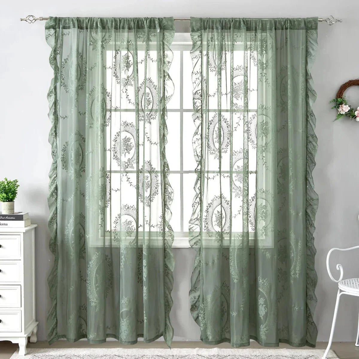 Lace Curtains Sheer Green Floral Light-Filtering Polyester