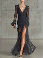 Lace Dress V-Neck Pleated Fitted Silhouette With Side Slit