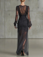 Lace Dress V-Neck Pleated Fitted Silhouette With Side Slit