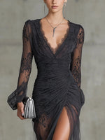 Lace Dress V-Neck Pleated Fitted Silhouette With Side Slit