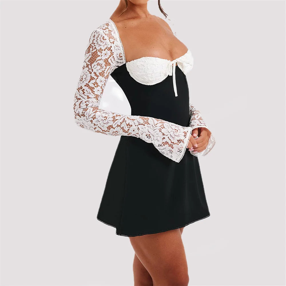 Lace Mini Dress Long Sleeve Backless Lace-Up Corset Style
