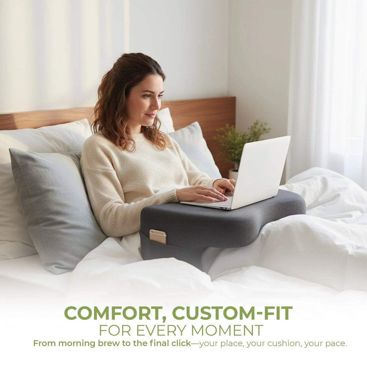 Lap Desk Pillow Ergonomic Backrest Built-In Armrests & Side Pocket
