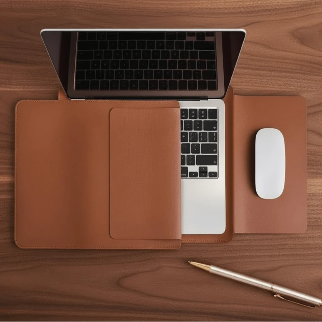 Laptop Sleeve PU Leather Plush Lining Mouse Pad Function