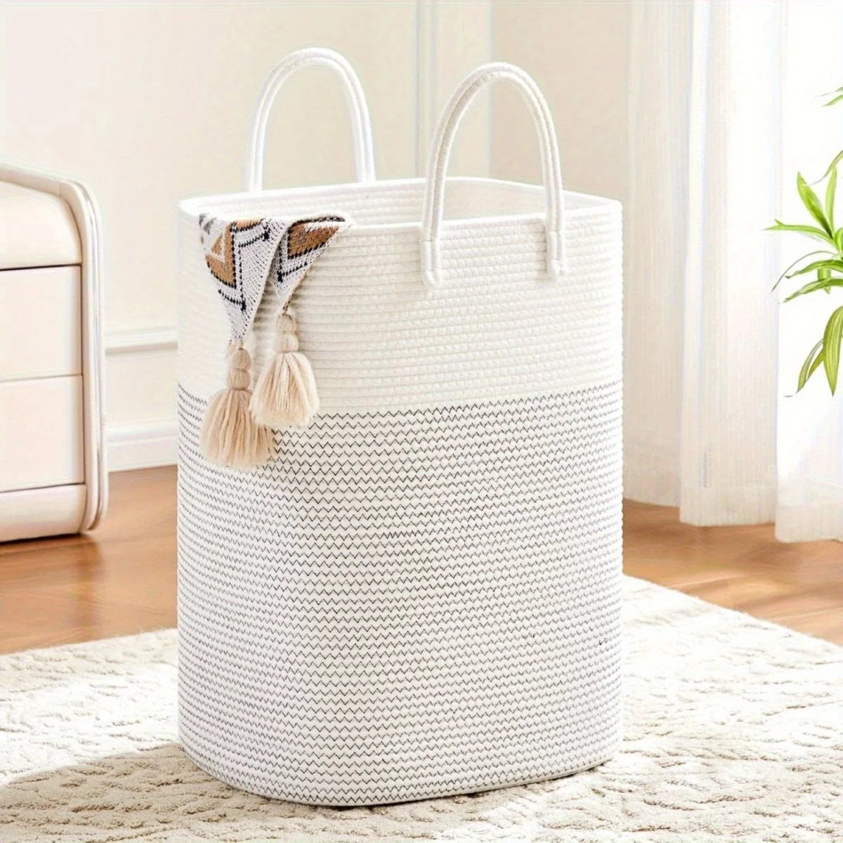 Laundry Basket Woven Cotton Foldable Breathable with Carry Handles
