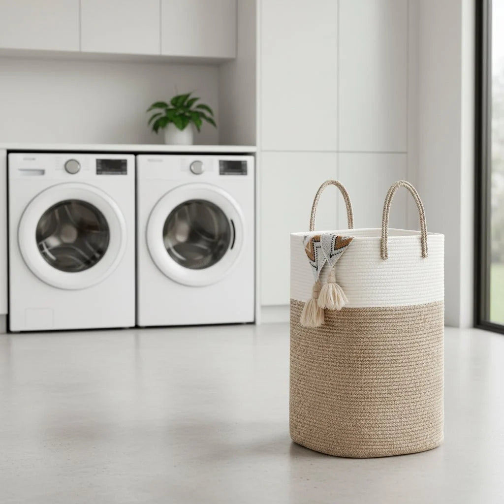 Laundry Basket Woven Cotton Foldable Breathable with Carry Handles