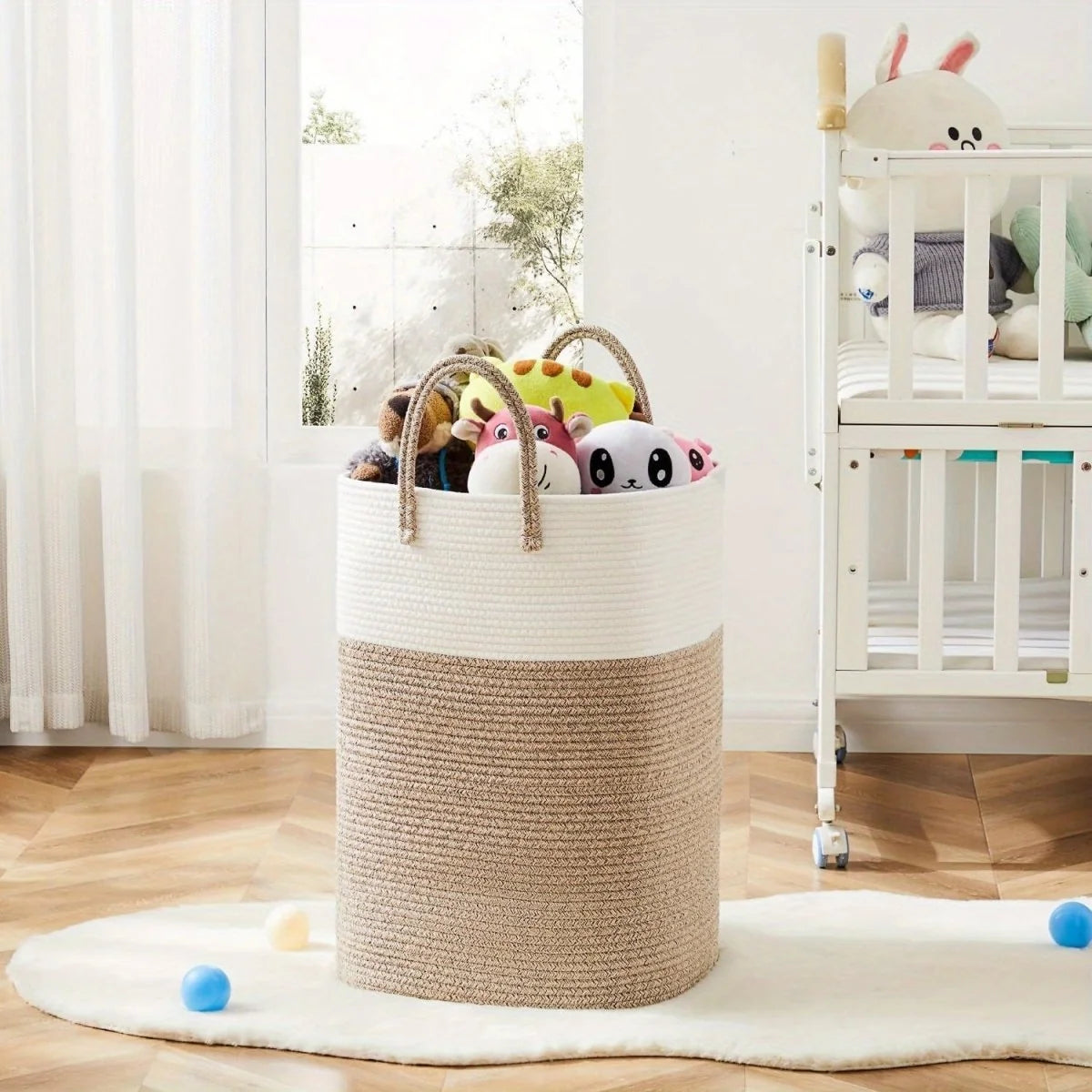 Laundry Basket Woven Cotton Foldable Breathable with Carry Handles