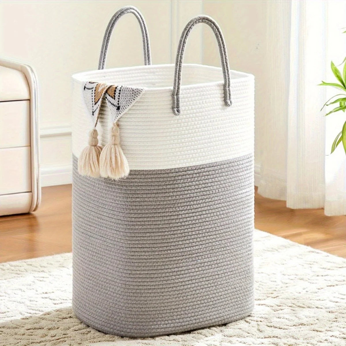 Laundry Basket Woven Cotton Foldable Breathable with Carry Handles