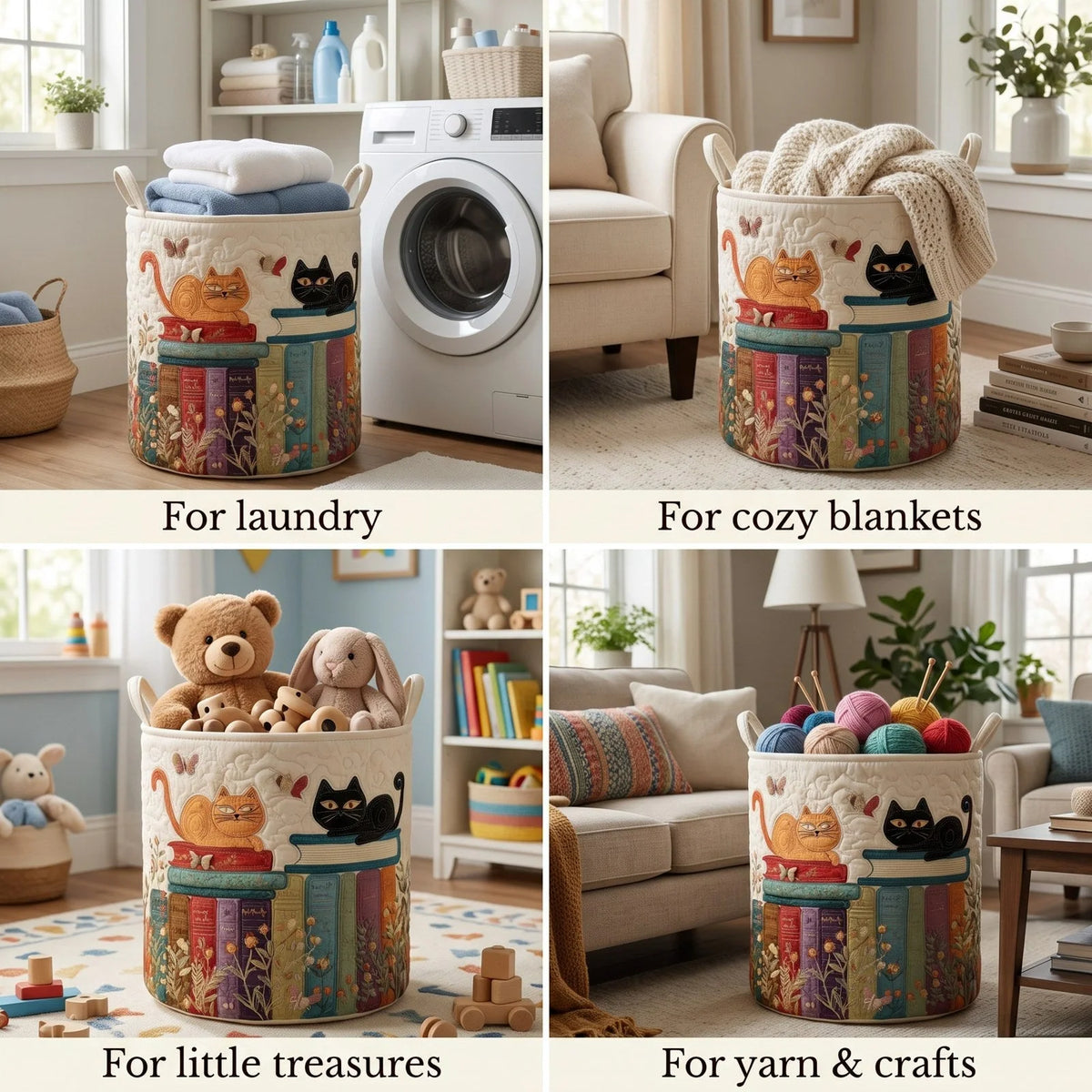 Laundry Hamper Quilted Cat Print Foldable with Carry Handles