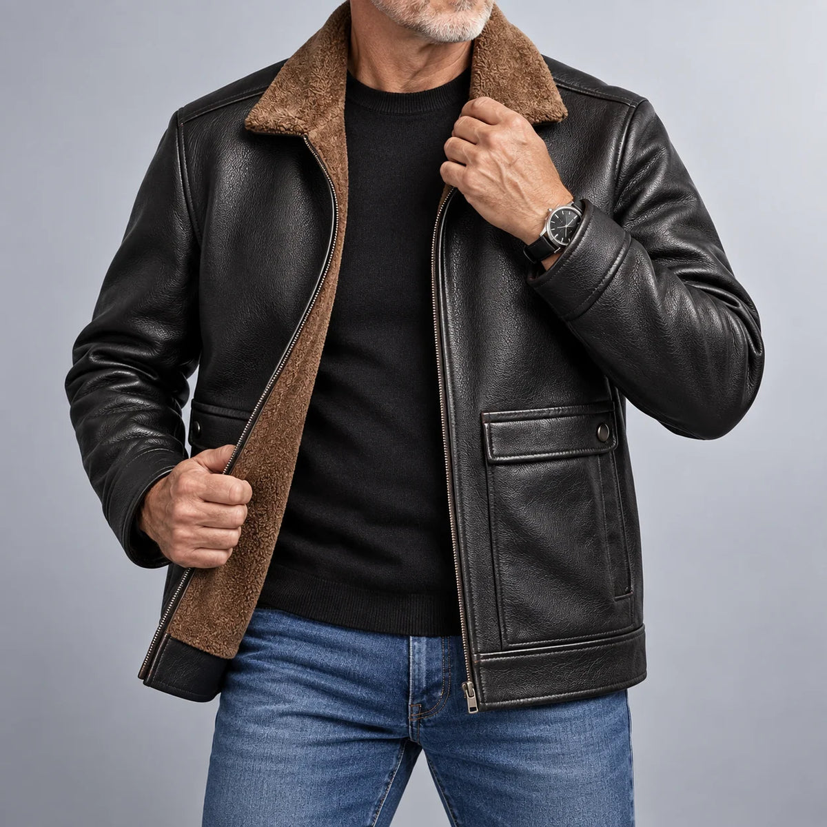 Leather Jacket Sherpa-Lined Insulating Warmth Men’s