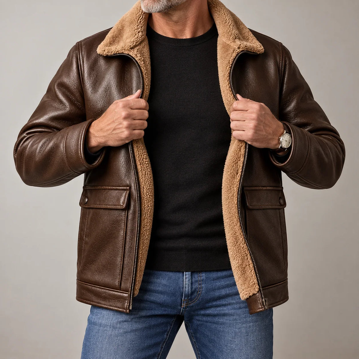 Leather Jacket Sherpa-Lined Insulating Warmth Men’s
