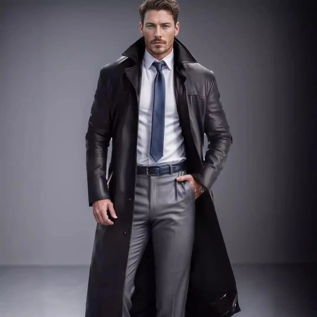 Leather Trench Coat Long Slim-Fit Stand Collar Concealed Buttons