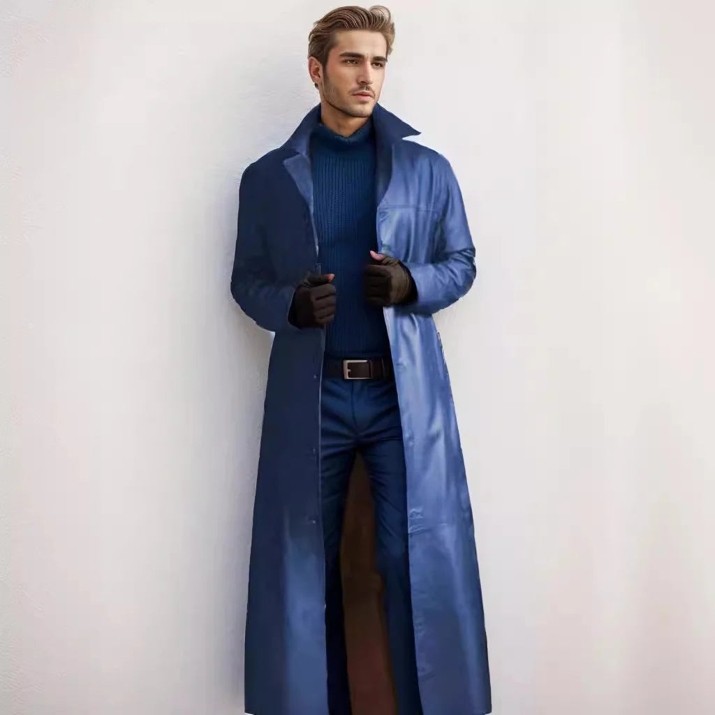 Leather Trench Coat Long Slim-Fit Stand Collar Concealed Buttons