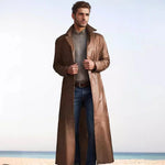 Leather Trench Coat Long Slim-Fit Stand Collar Concealed Buttons