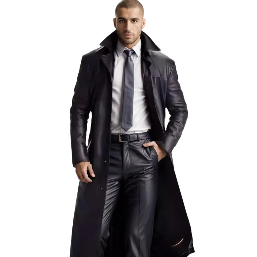 Leather Trench Coat Long Slim-Fit Stand Collar Concealed Buttons