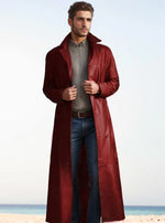 Leather Trench Coat Long Slim-Fit Stand Collar Concealed Buttons