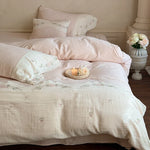 Linen Bedding Set Washed Linen Floral Embroidery 4-Piece Set
