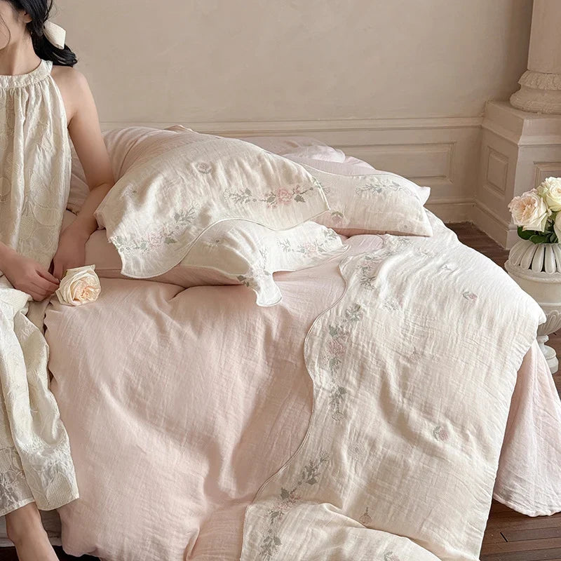 Linen Bedding Set Washed Linen Floral Embroidery 4-Piece Set