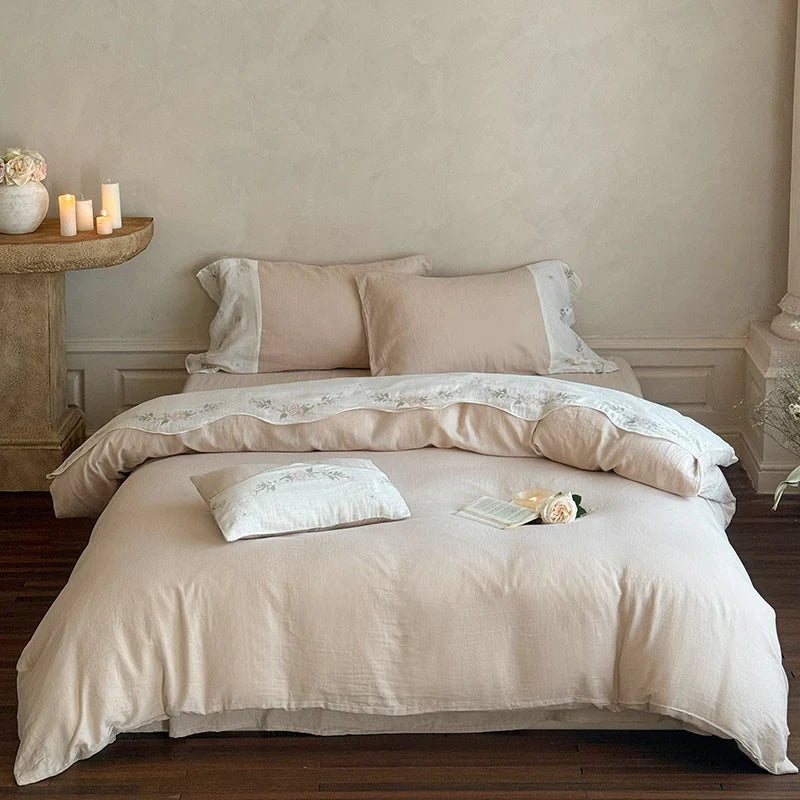 Linen Bedding Set Washed Linen Floral Embroidery 4-Piece Set