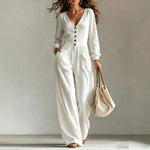 Linen Blend Jumpsuit Wide Leg Elastic Waist Pockets