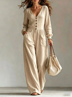 Linen Blend Jumpsuit Wide Leg Elastic Waist Pockets