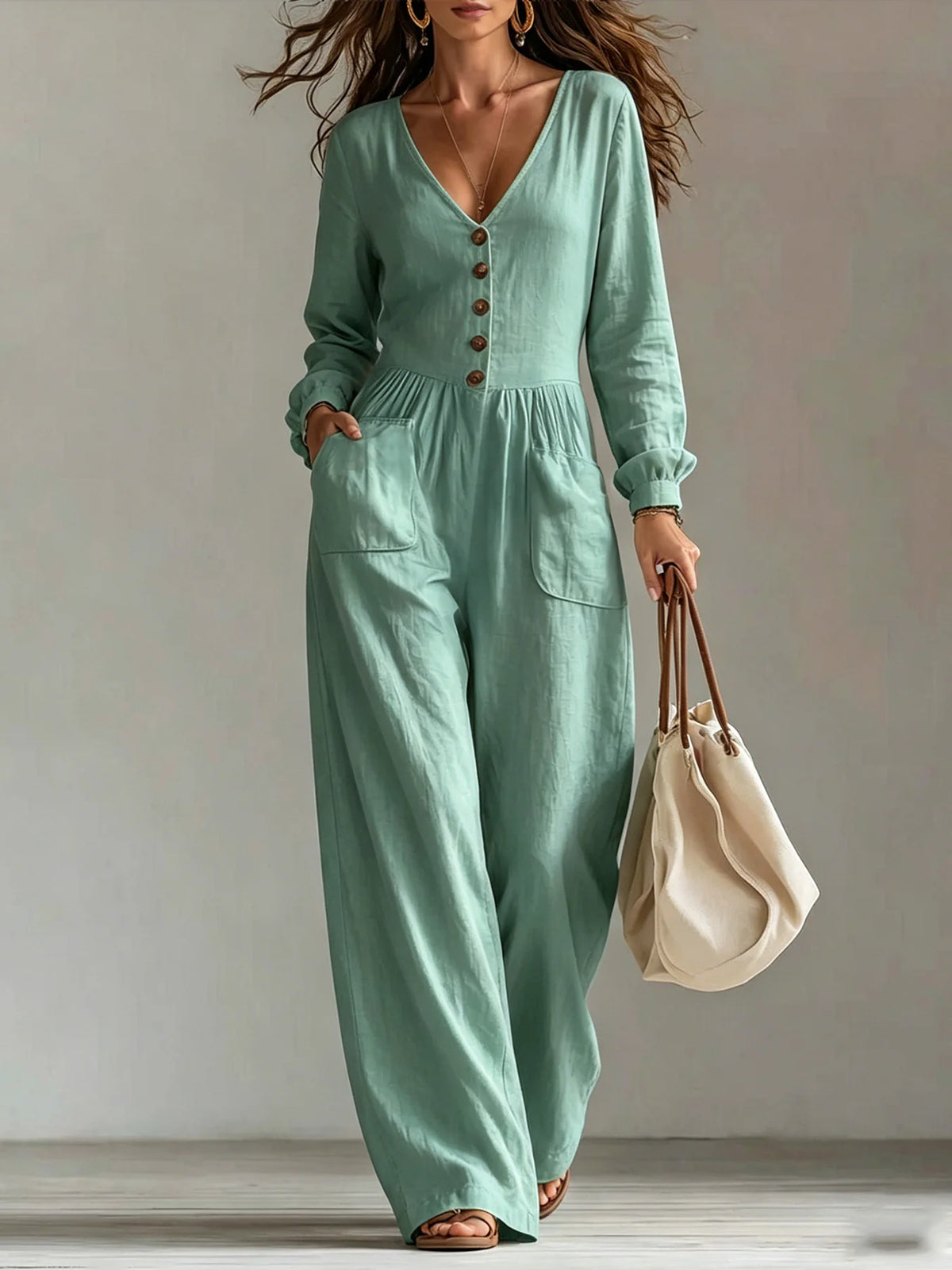 Linen Blend Jumpsuit Wide Leg Elastic Waist Pockets