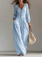 Linen Blend Jumpsuit Wide Leg Elastic Waist Pockets