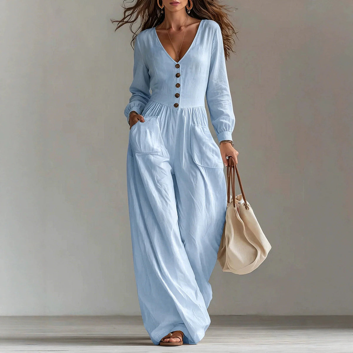 Linen Blend Jumpsuit Wide Leg Elastic Waist Pockets