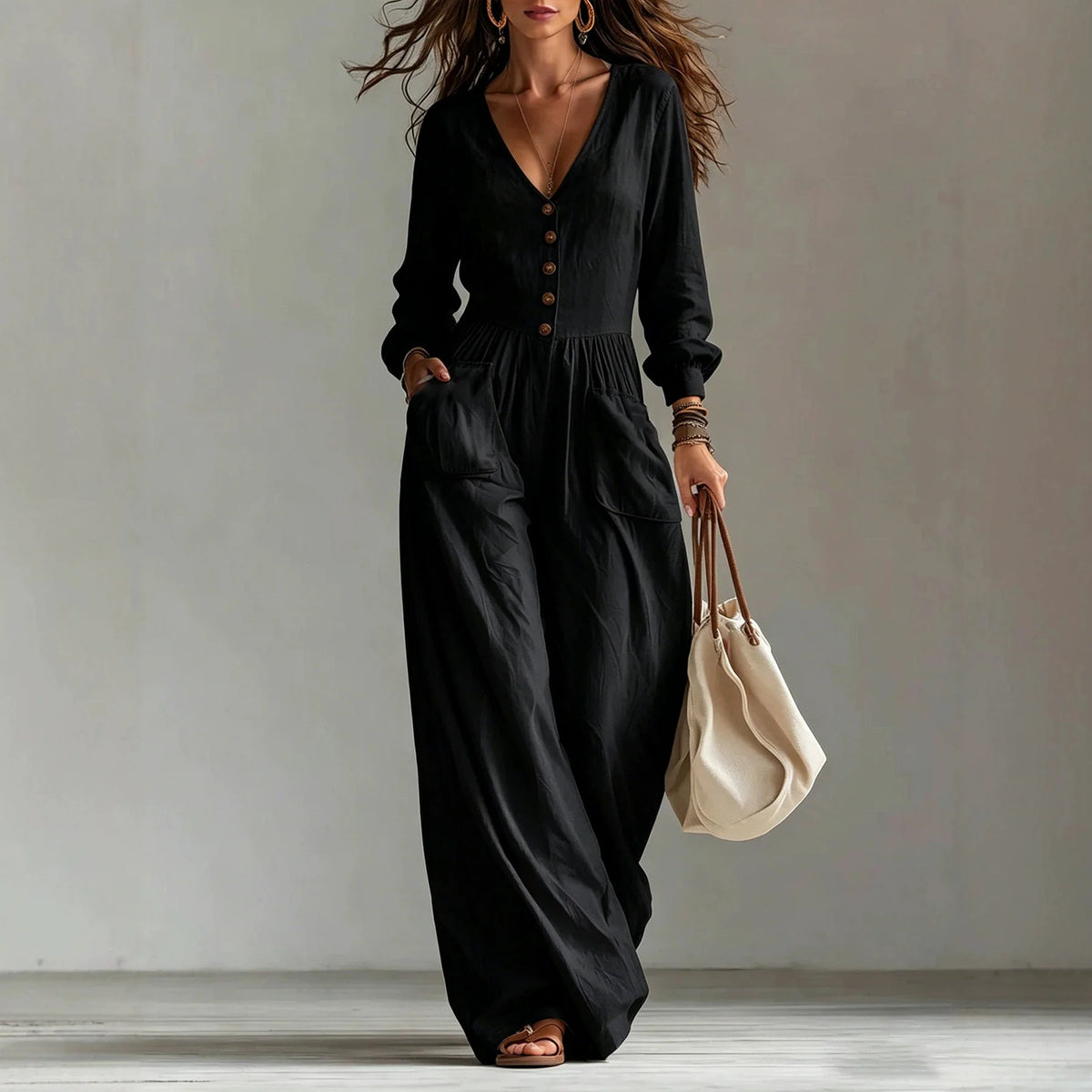 Linen Blend Jumpsuit Wide Leg Elastic Waist Pockets