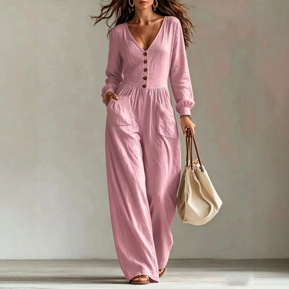 Linen Blend Jumpsuit Wide Leg Elastic Waist Pockets