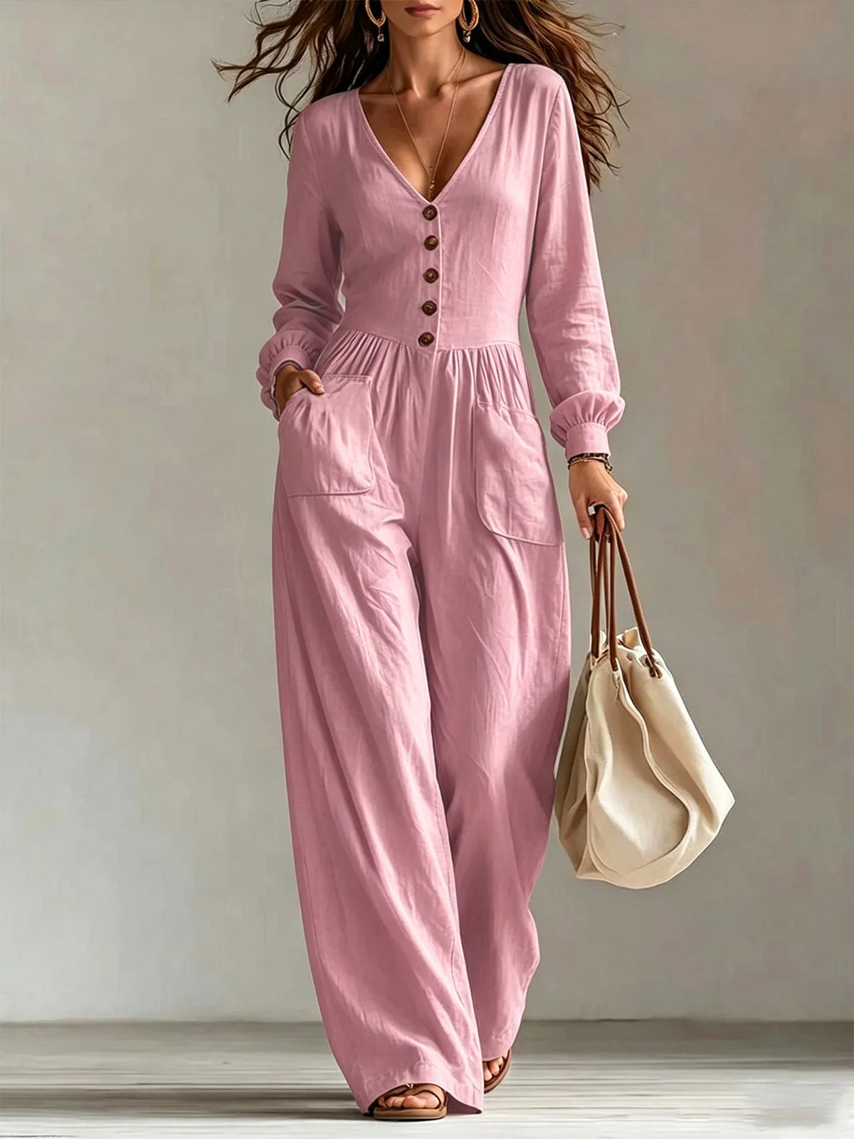 Linen Blend Jumpsuit Wide Leg Elastic Waist Pockets