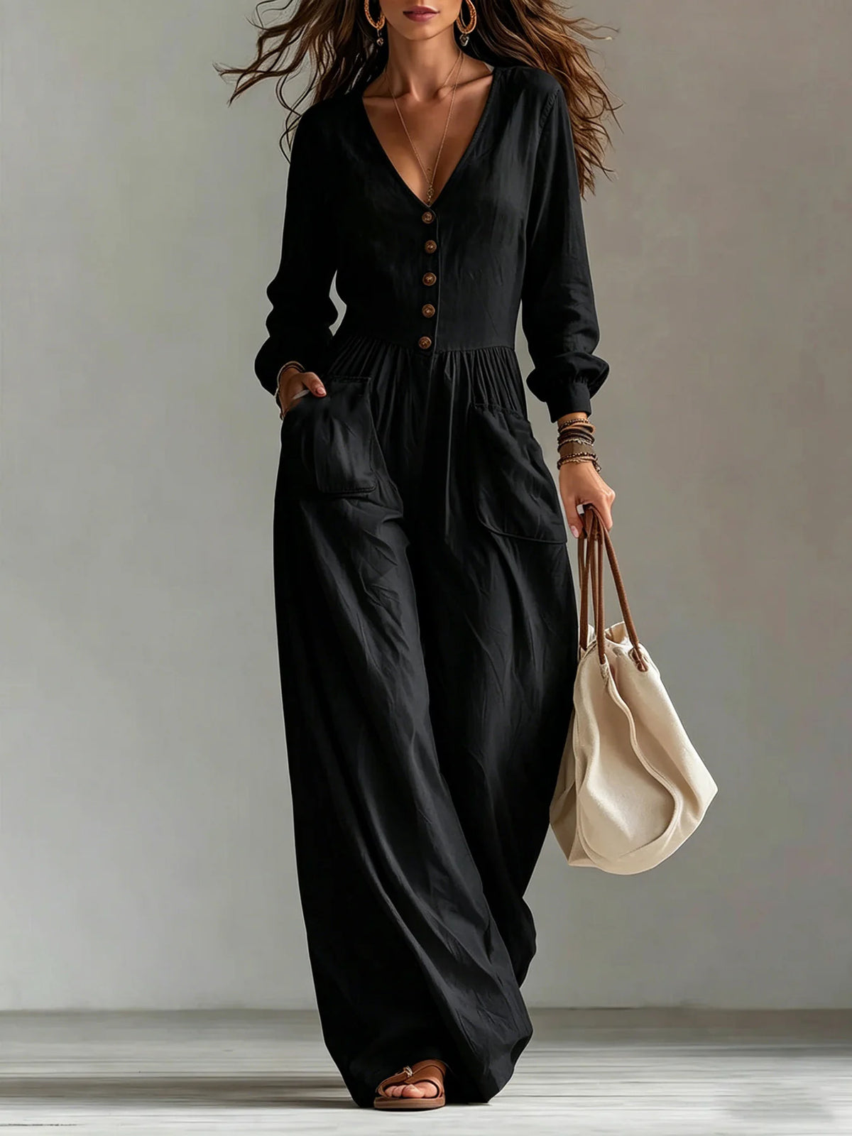 Linen Blend Jumpsuit Wide Leg Elastic Waist Pockets