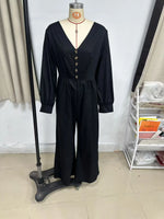 Linen Blend Jumpsuit Wide Leg Elastic Waist Pockets