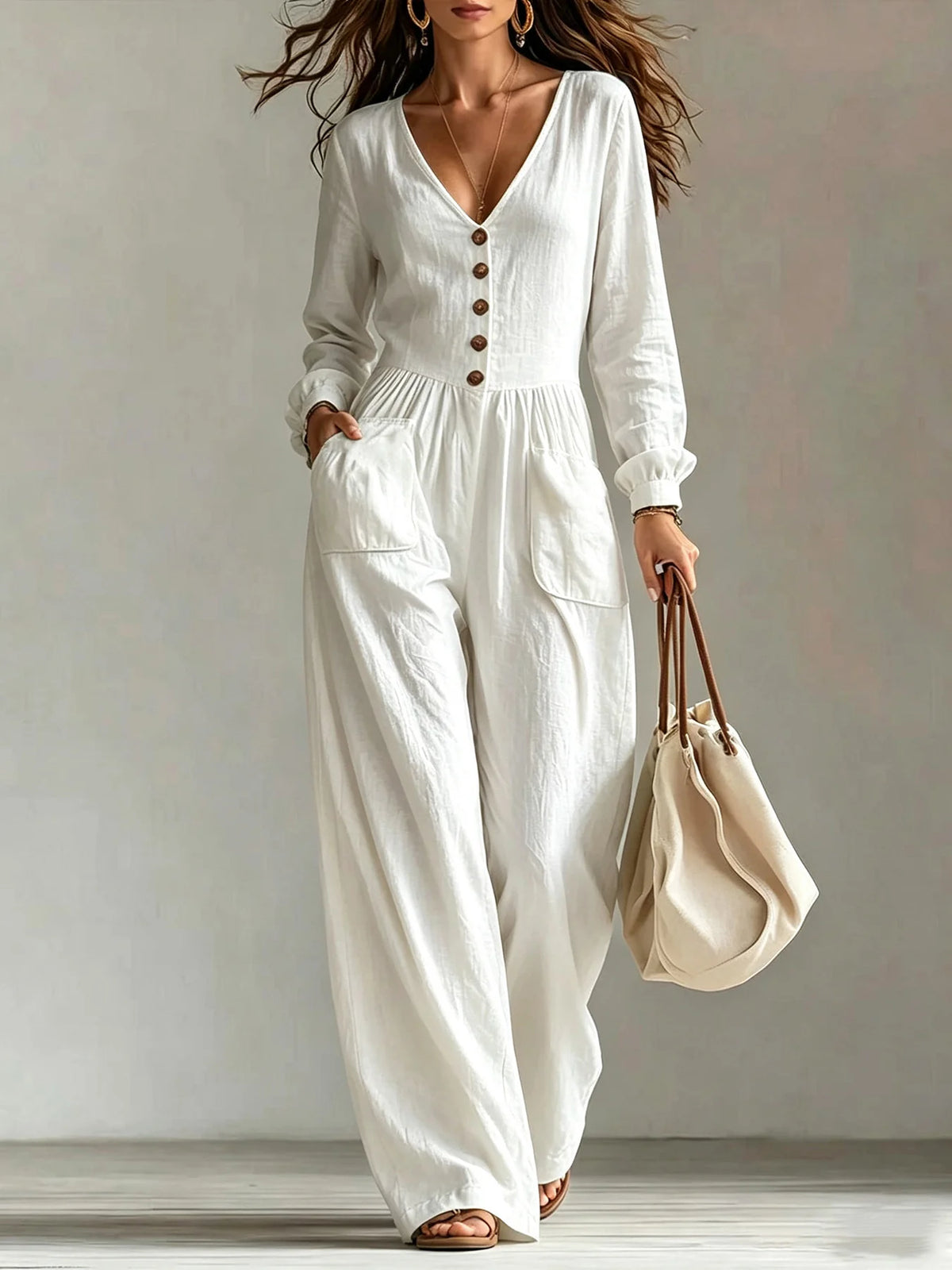 Linen Blend Jumpsuit Wide Leg Elastic Waist Pockets