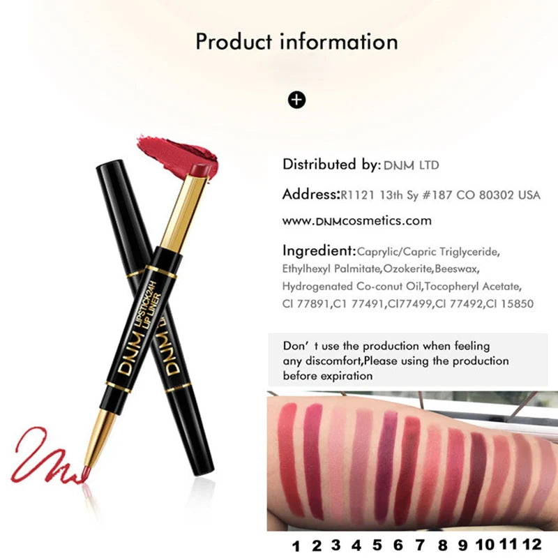 Lip Liner & Lipstick Double-Ended Waterproof Long-Lasting Color