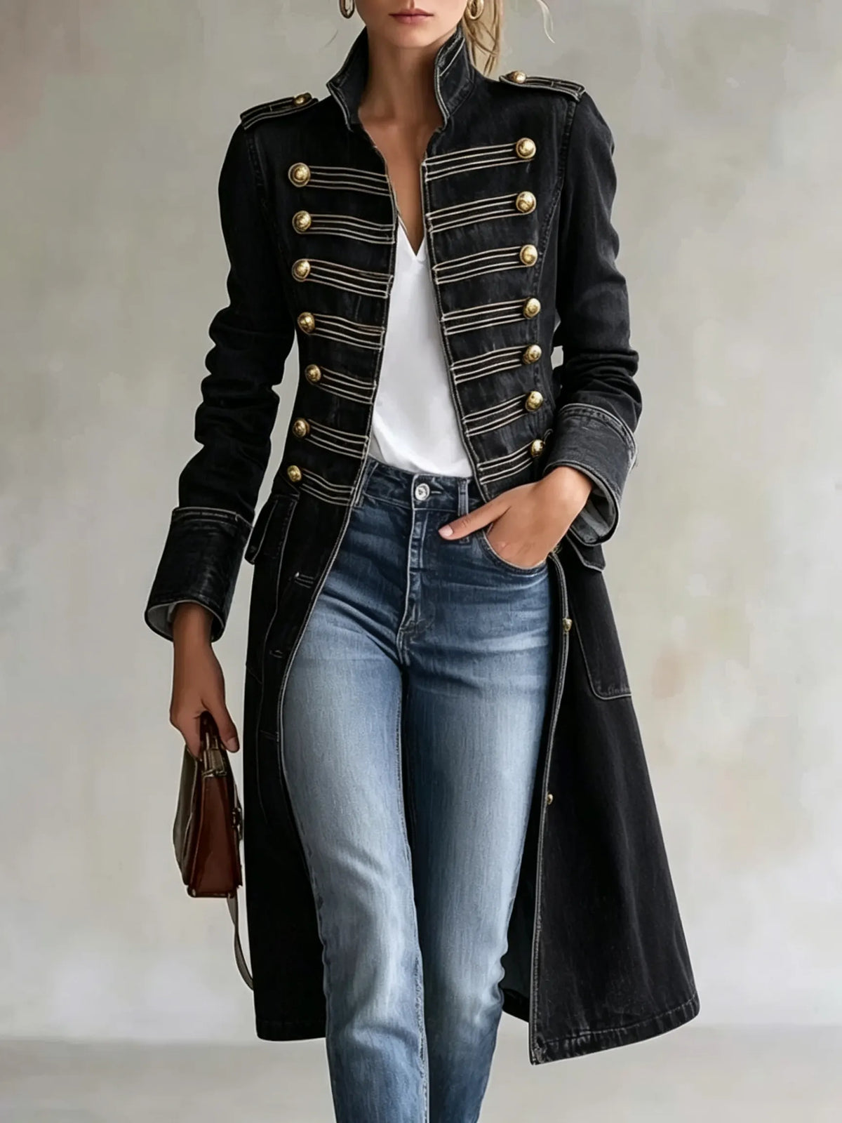 Long Coat Military Style Double-Breasted Officer Collar