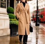 Long Coat Wool Blend Fitted Tie Belt & Lapel Collar