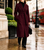 Long Coat Wool Blend Fitted Tie Belt & Lapel Collar