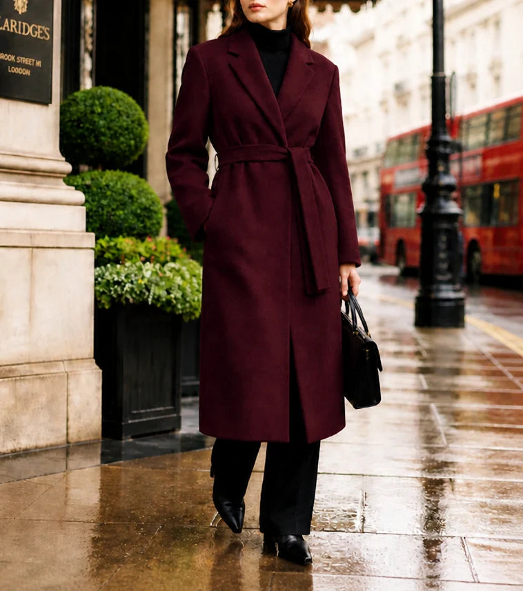 Long Coat Wool Blend Fitted Tie Belt & Lapel Collar