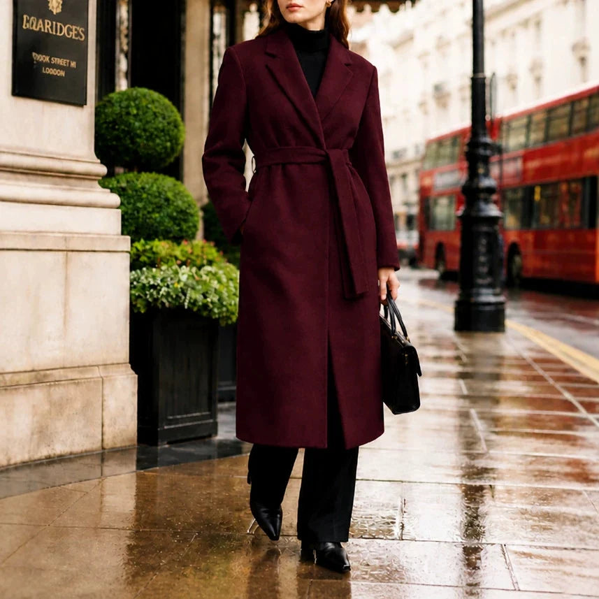Long Coat Wool Blend Fitted Tie Belt & Lapel Collar