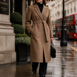 Long Coat Wool Blend Fitted Tie Belt & Lapel Collar