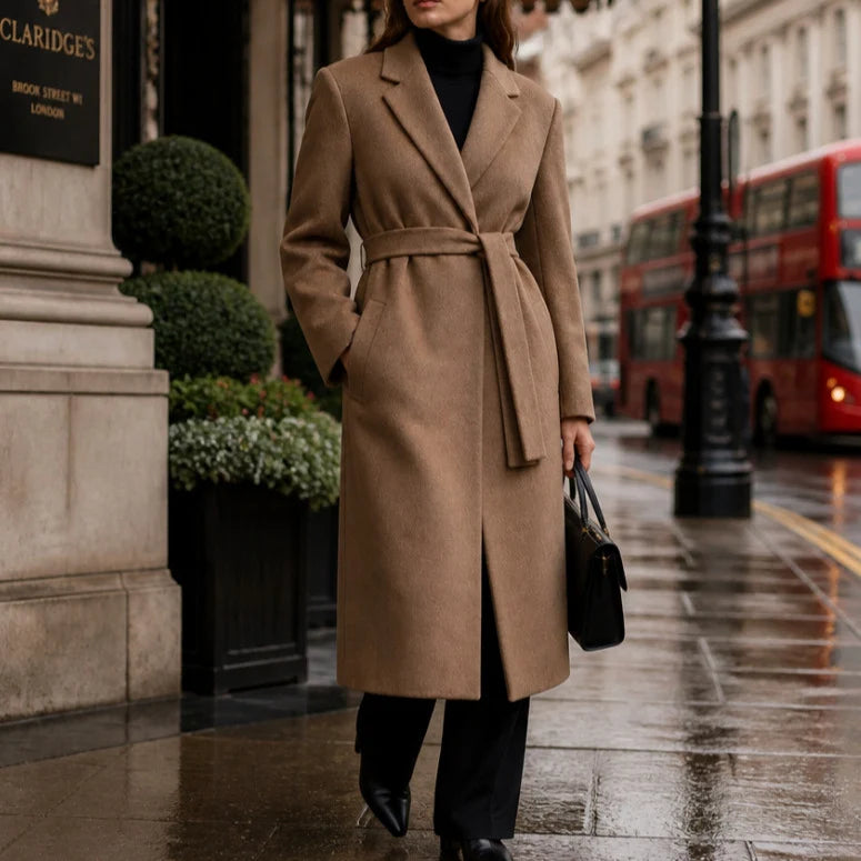 Long Coat Wool Blend Fitted Tie Belt & Lapel Collar