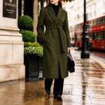 Long Coat Wool Blend Fitted Tie Belt & Lapel Collar